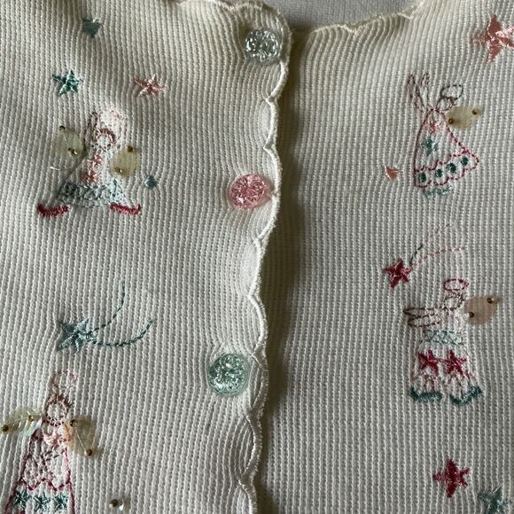 Vintage TEDDI Woman Short Sleeve Sweater Embroidered Angels Crystal Button Small - Picture 10 of 14